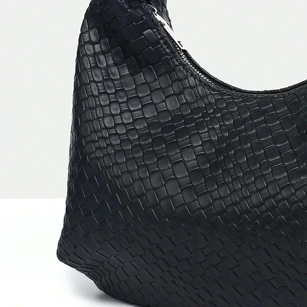 Black Casual Women's Leisure Faux Woven Leather Shoulder Bag